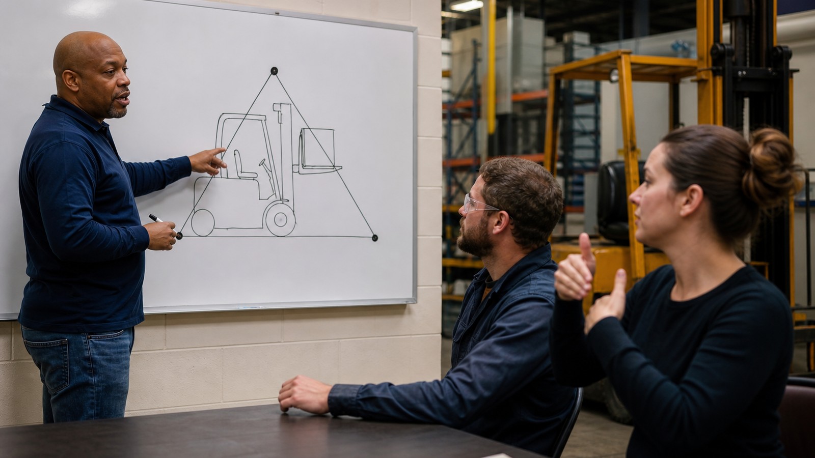 Interpreter helping a forklift trainer explain stability triangle and load-capacity concepts to a manufacturing employee in a classroom setting
