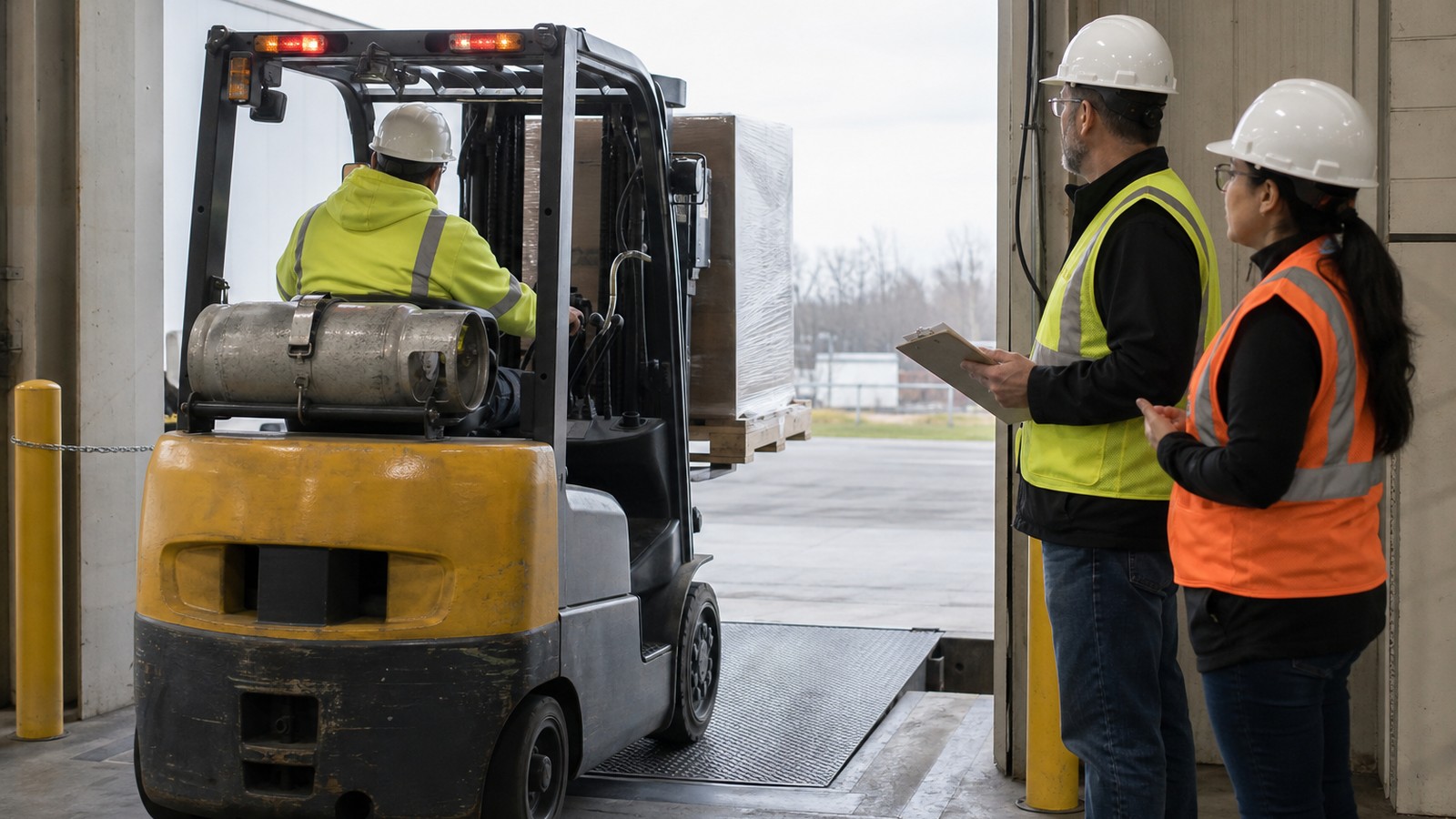 Trainer and interpreter watching a forklift operator back a loaded truck toward a dock plate during a recertification evaluation