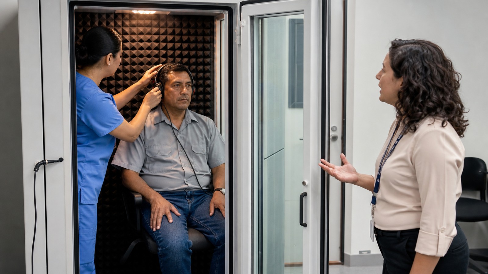 Hearing conservation interpreter speaking with a technician and worker outside an audiometric testing booth