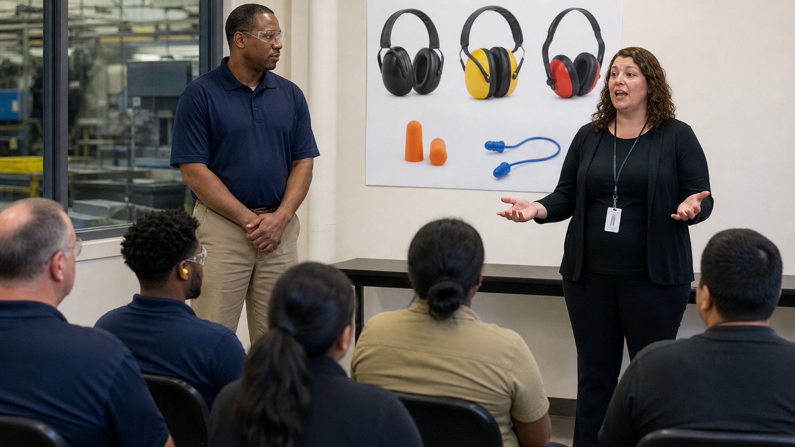 Hearing conservation interpreter explaining hearing protector types to manufacturing employees during safety training