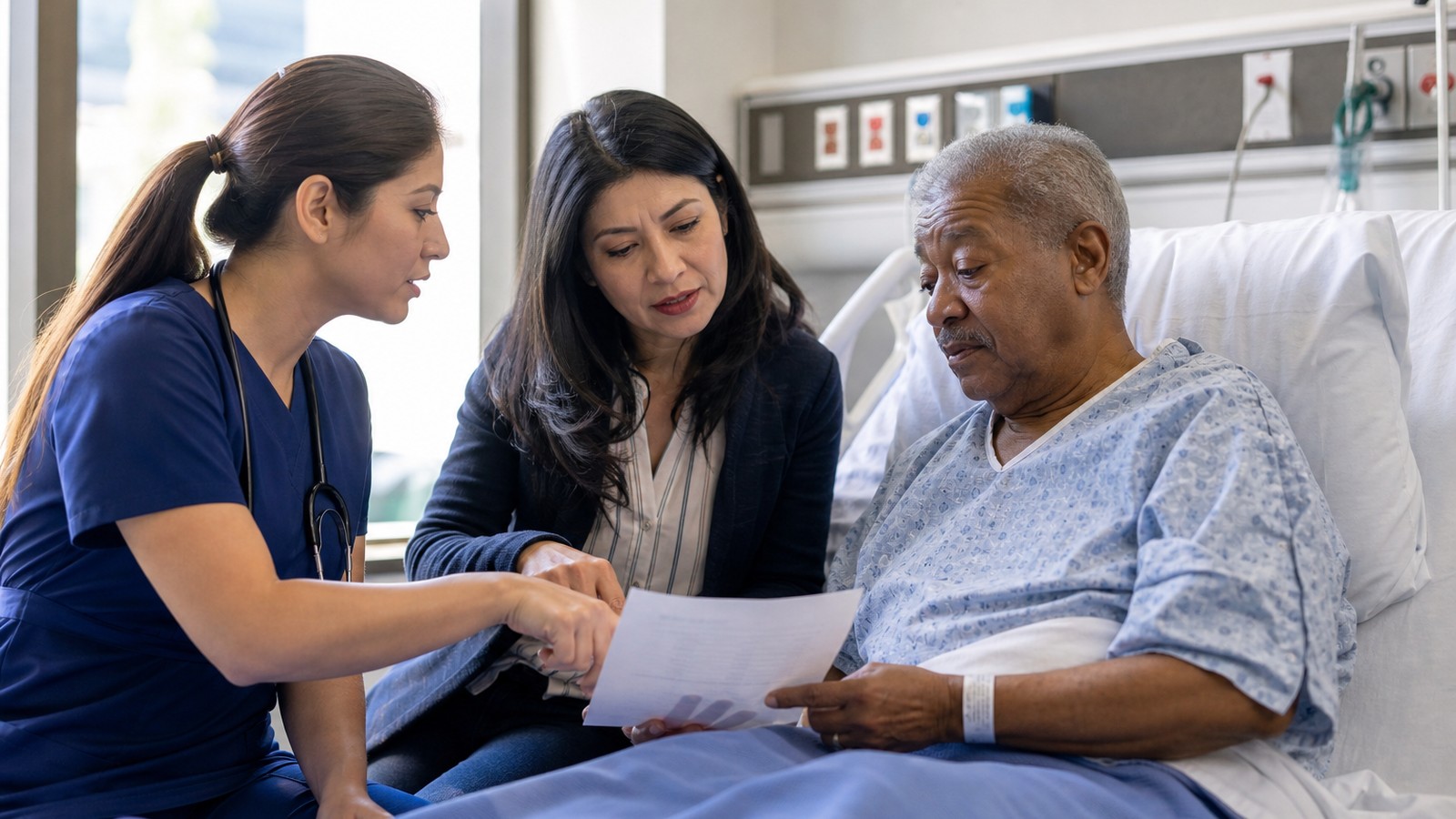 Nurse and interpreter reviewing a printed after-visit summary with a hospital patient before discharge