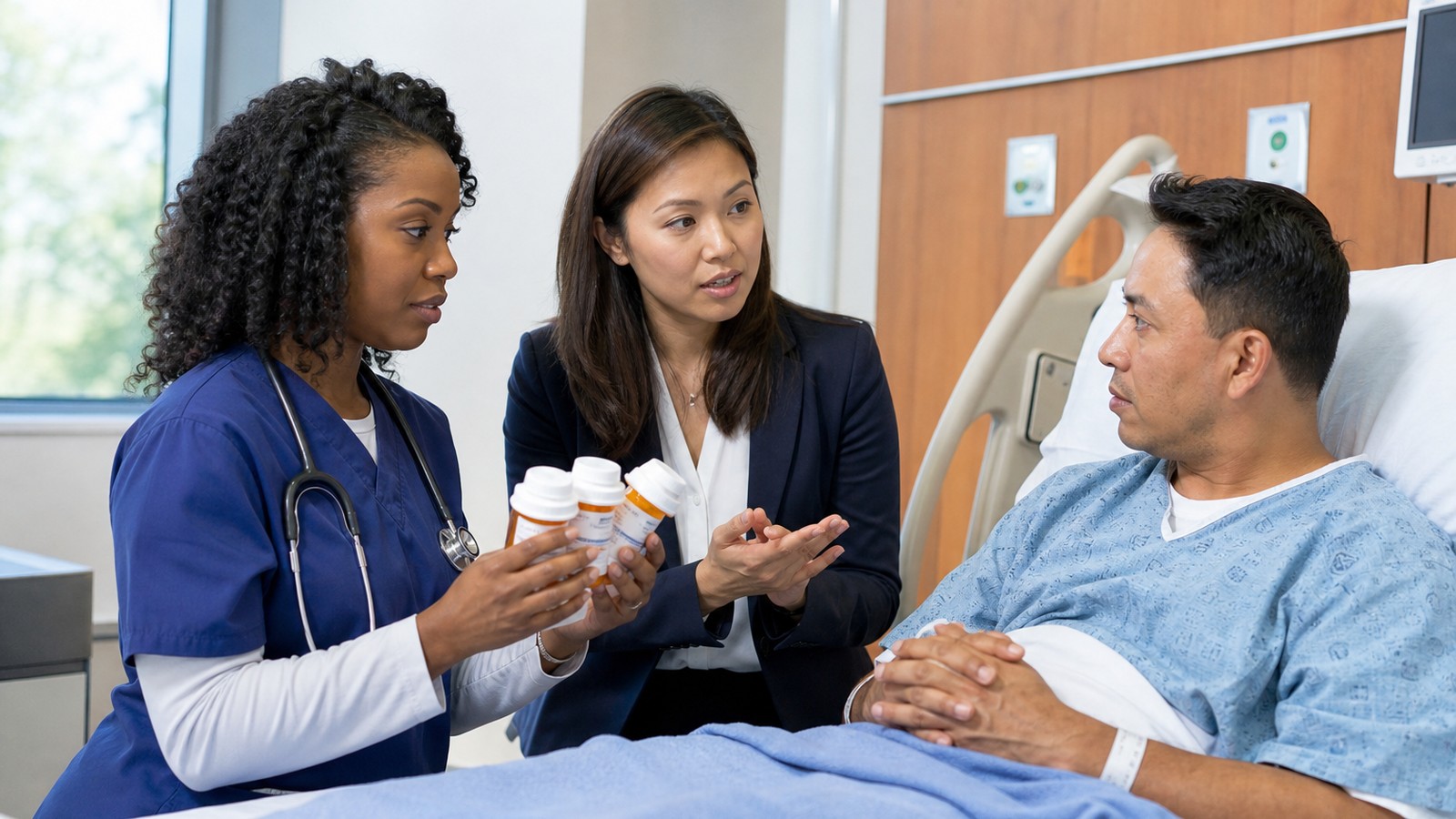 Nurse holding prescription bottles while an interpreter explains medication dosage to a hospital patient before discharge