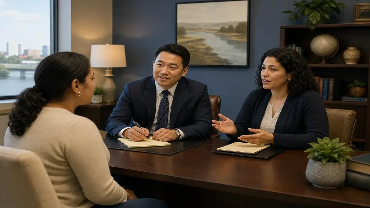 Professional immigration interpreter and attorney in consultation at Indiana legal aid office