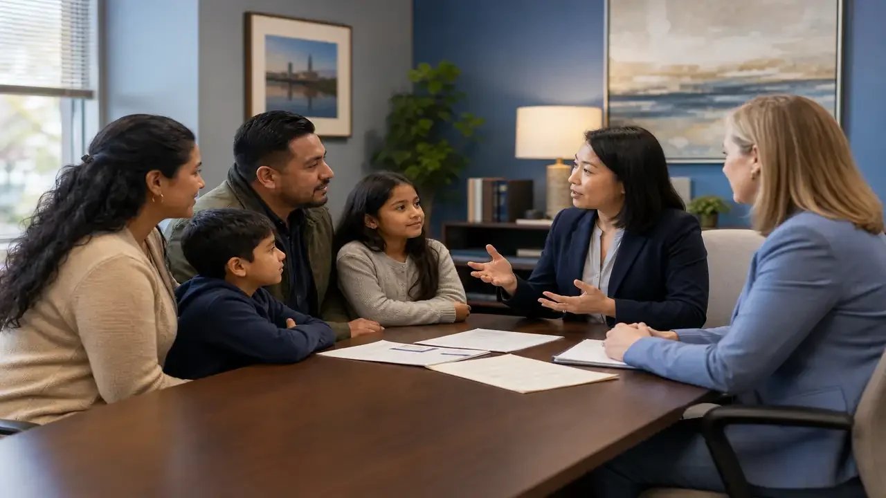 Immigrant family meeting with legal aid attorney and professional interpreter in Evansville Indiana