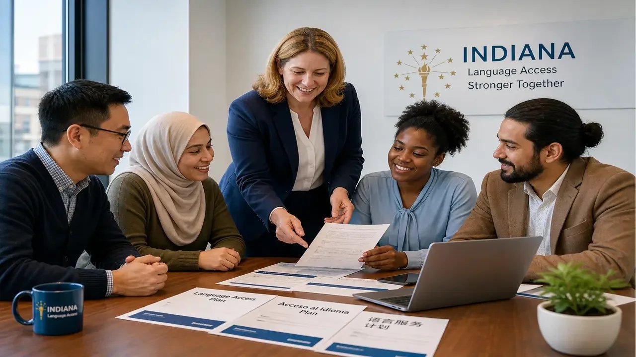HR and operations leader reviewing a language access plan at a desk in an Indiana office