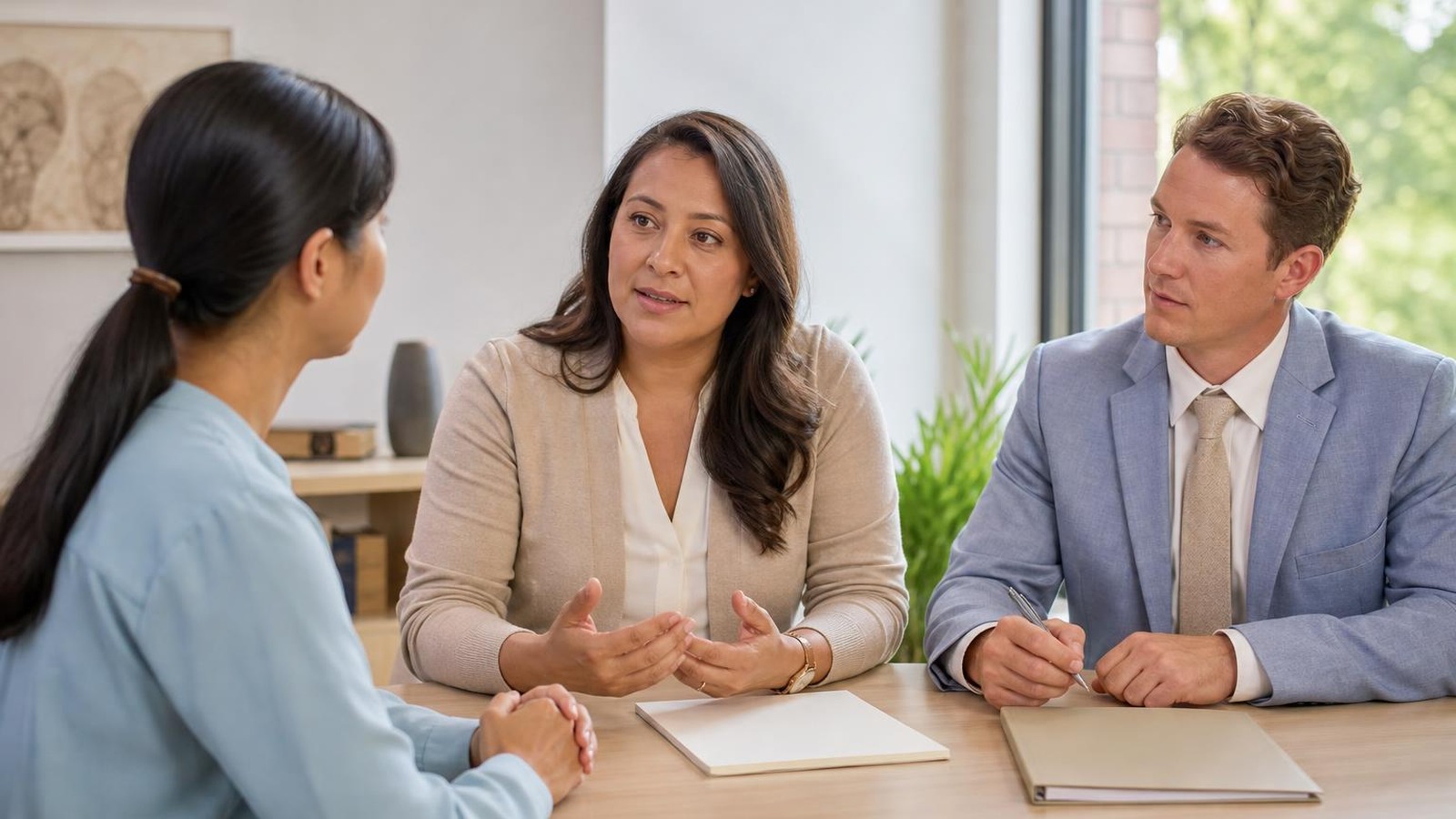 Legal intake professional speaking directly with a multilingual prospective client while a qualified interpreter facilitates the conversation