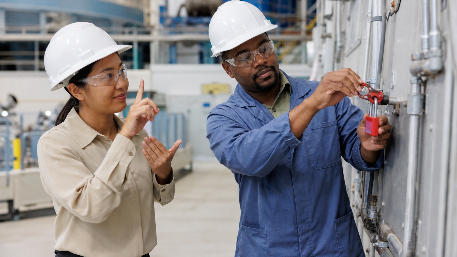 Interpreter helping an authorized employee apply a lockout device during interpreted energy control training at an Indiana manufacturing plant