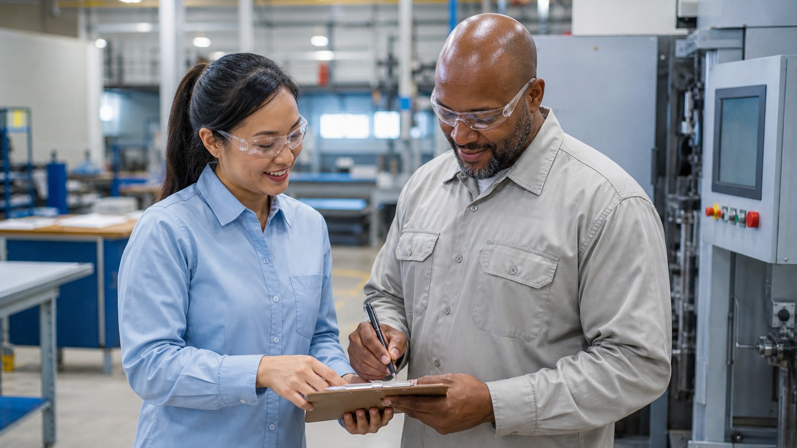 Trainer and technician reviewing an interpreted lockout tagout training certification record at an Indiana manufacturing facility