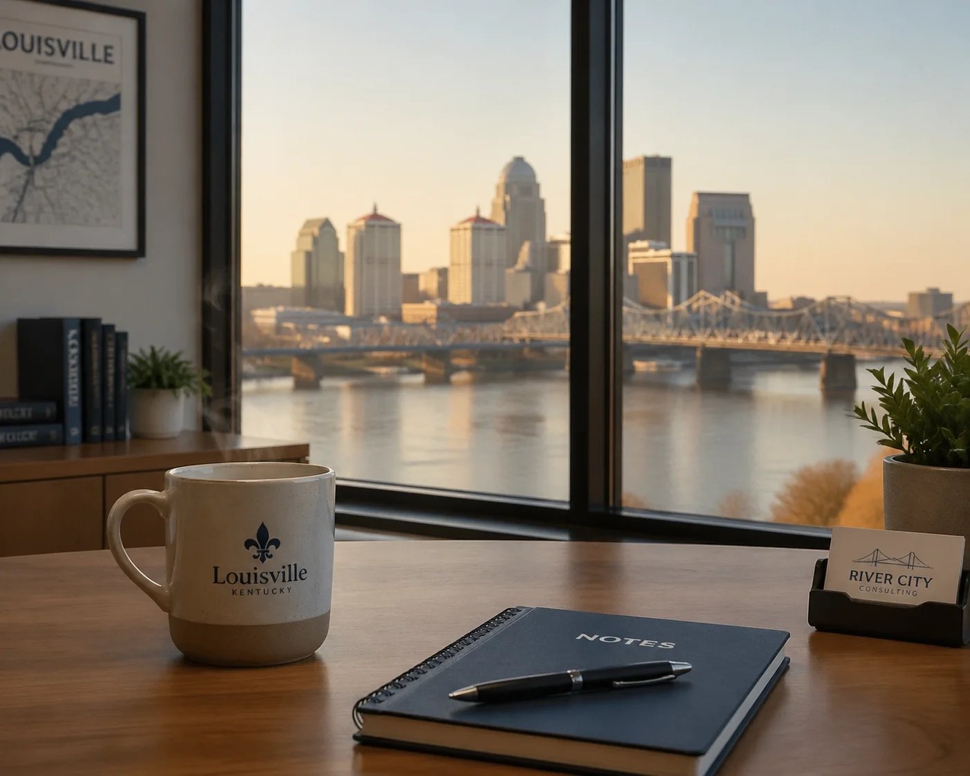 Louisville translation services office desk overlooking the downtown Louisville skyline, emphasizing local expertise and professional language support.