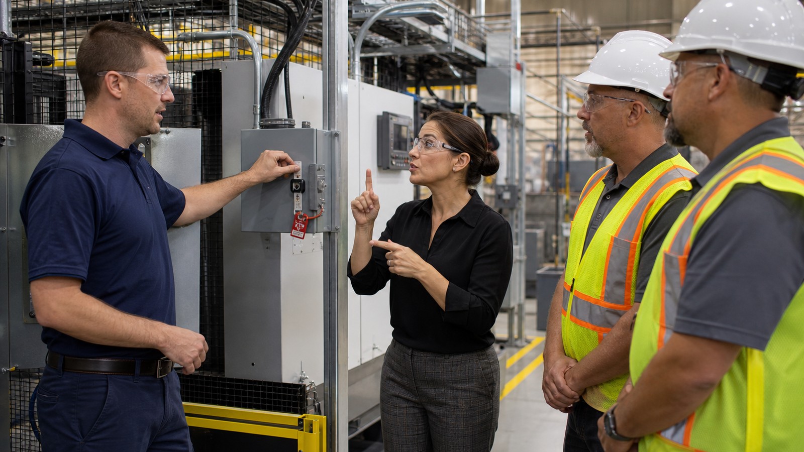 Interpreter relaying a vendor technician's lockout/tagout energy-isolation demonstration on newly installed equipment to plant maintenance employees