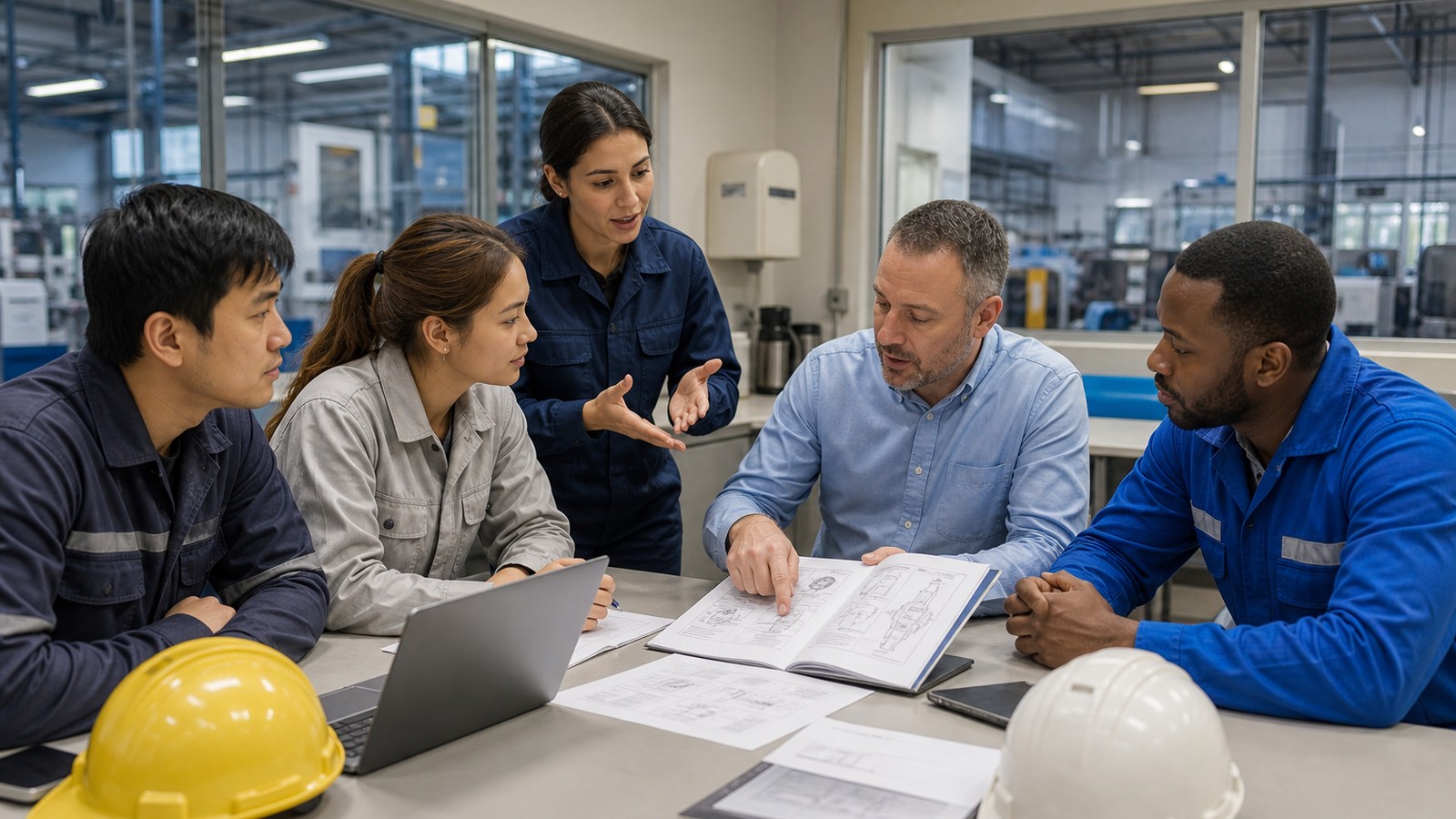 Interpreter helping a multilingual group of manufacturing operators review a vendor's equipment manual and warranty training documentation