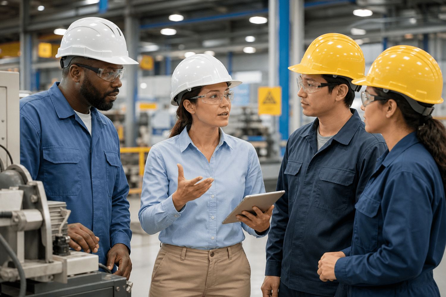 Manufacturing interpreter supporting multilingual workers during a safety discussion on an Indiana factory floor