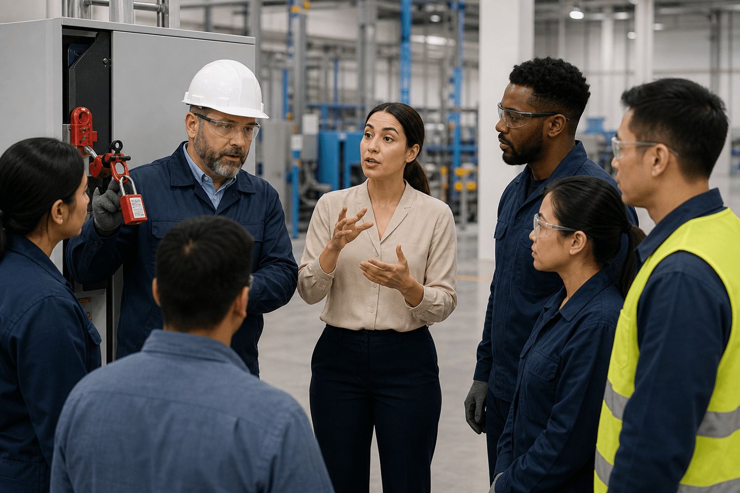 Interpreter helping multilingual manufacturing employees understand workplace safety training