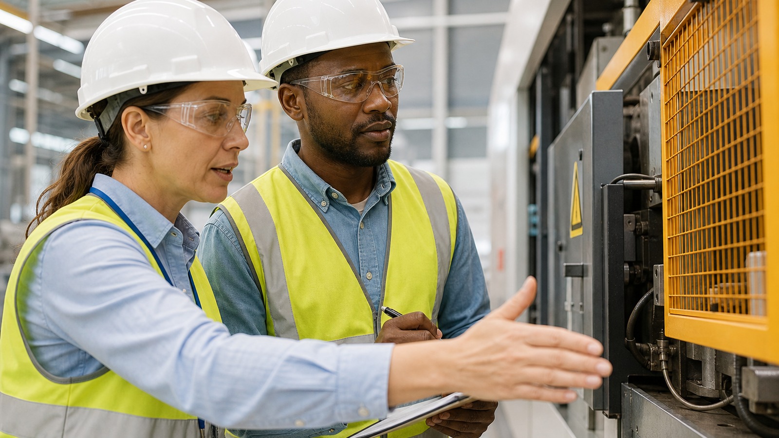 Interpreter helping a new manufacturing employee understand a Day-One machine safety walkthrough at an Indiana plant