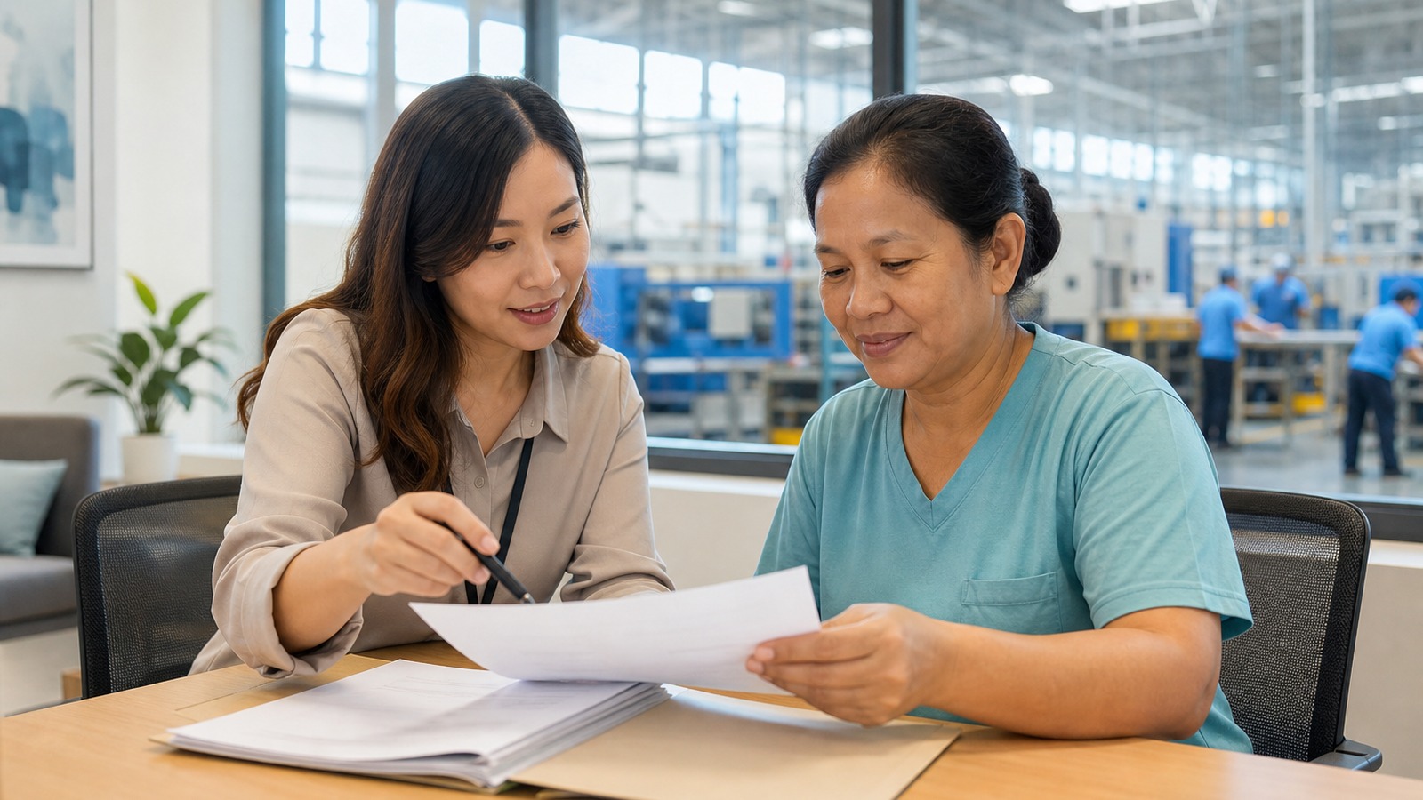 Interpreter helping a new manufacturing hire review onboarding paperwork and benefits enrollment forms