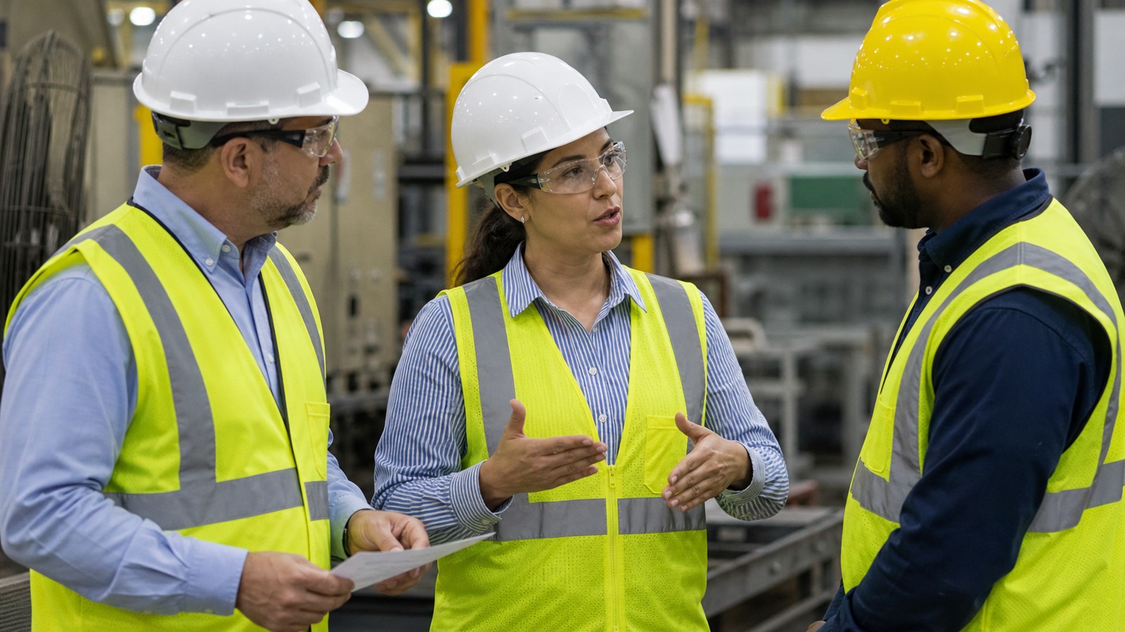 Interpreter helping a plant supervisor deliver a written corrective action to a manufacturing employee on the production floor