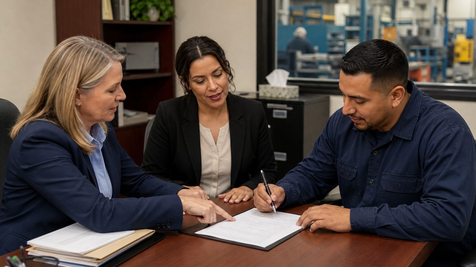 HR manager and interpreter reviewing a signed performance evaluation with a manufacturing employee before filing it
