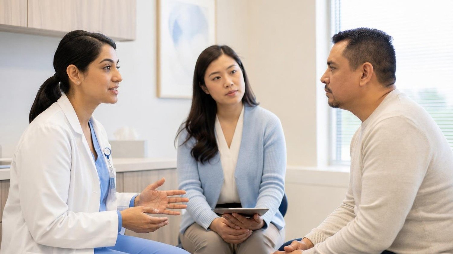 Patient, clinician, and qualified medical consent interpreters Indiana teams use for a clear procedure discussion in a bright clinic