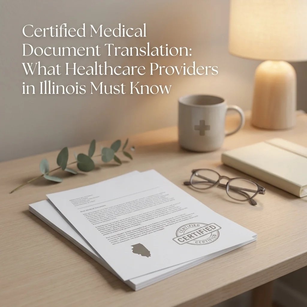 Certified medical document translation paperwork on a desk with official certification stamp, representing professional certified medical document translation services in Illinois
