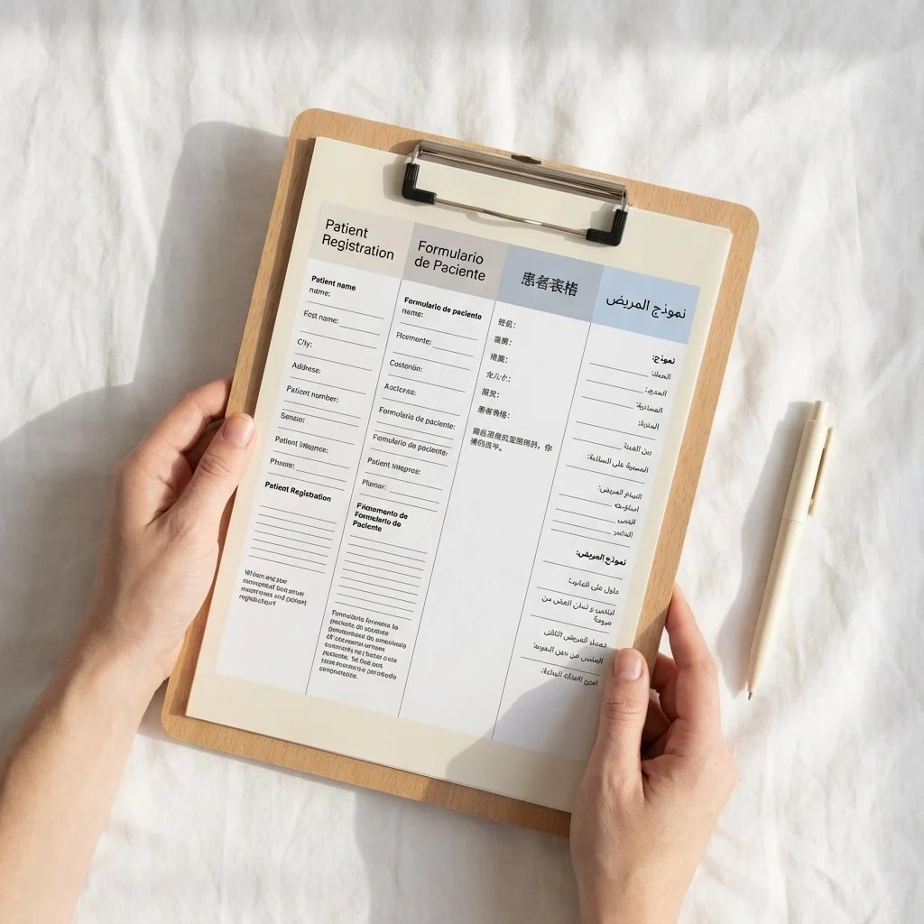 Multilingual patient registration form on a clipboard, representing certified medical document translation services in Illinois for healthcare compliance