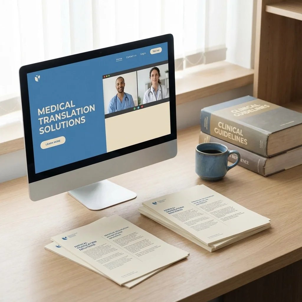 Medical translation solutions displayed on a computer screen with healthcare professionals and clinical documents, representing certified medical document translation services in Illinois