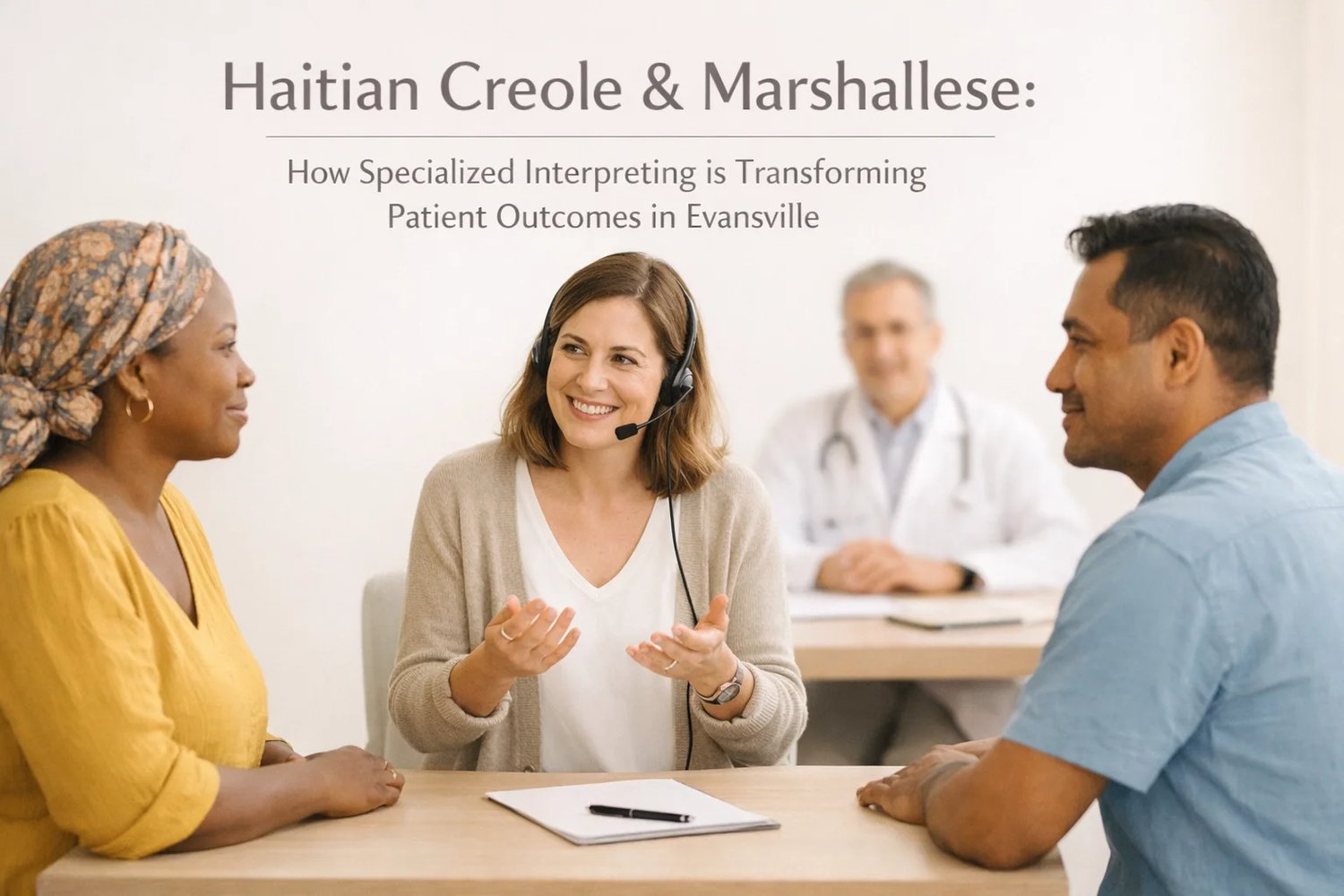 Interpreter facilitating communication between Haitian Creole and Marshallese patients and a doctor, highlighting specialized medical interpreting in Evansville for improved patient outcomes.