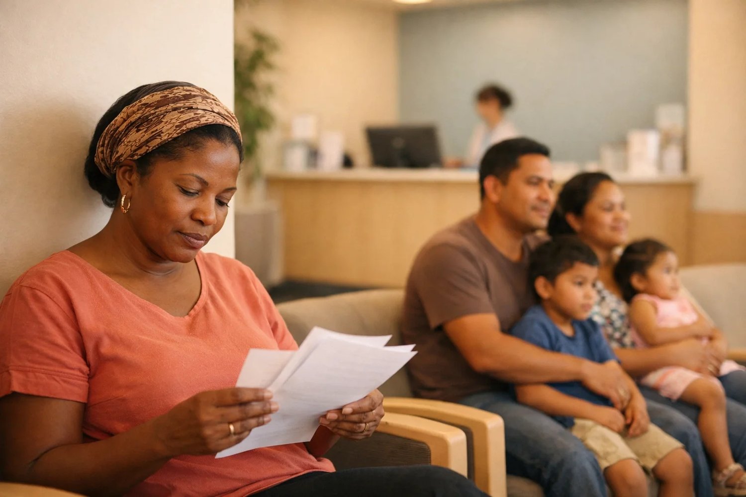 Diverse patients in a medical waiting room, including a woman reading documents and a family, emphasizing the need for effective medical interpreting in Evansville to ensure clear communication.