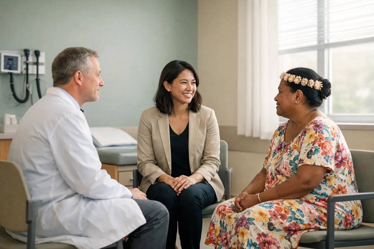 A professional medical interpreter facilitating communication between a doctor and a patient, demonstrating effective medical interpreting in Evansville for improved patient understanding and care.