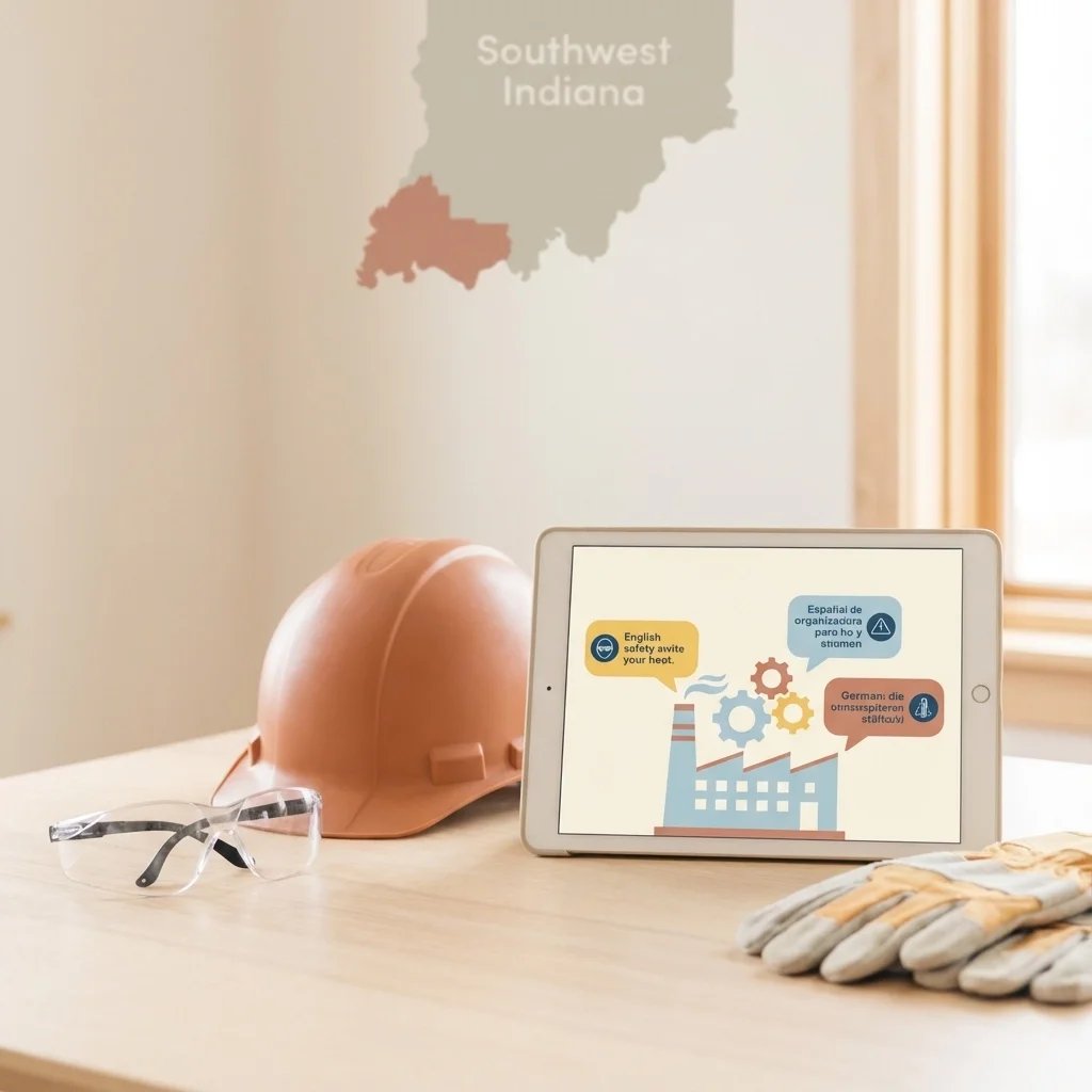 Tablet displaying multilingual workplace safety instructions beside a hard hat, gloves, and safety glasses, representing multilingual workplace safety solutions in Southwest Indiana