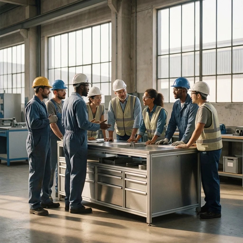 Diverse manufacturing team in safety helmets holding a workplace meeting on the factory floor, representing multilingual workplace safety communication in Southwest Indiana