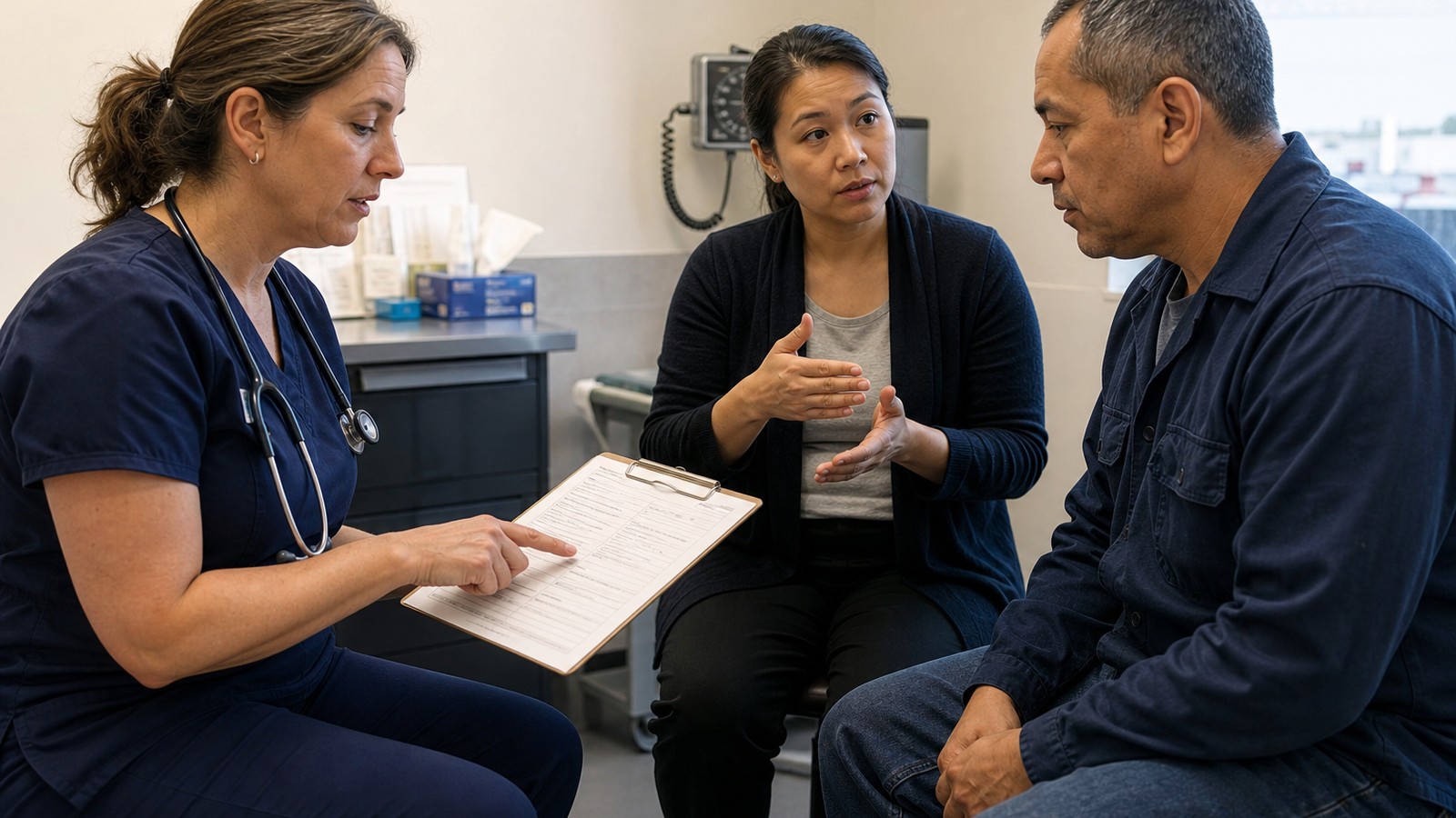 Interpreter helping a nurse explain a respirator medical evaluation questionnaire to a manufacturing employee at an occupational health clinic