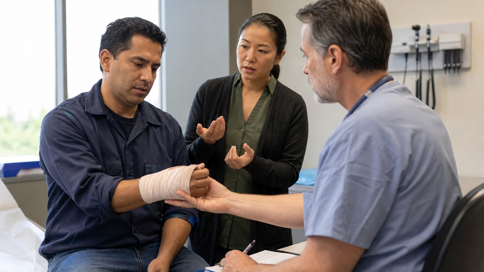 Interpreter accompanying an injured manufacturing employee during a workers' compensation evaluation at an occupational health clinic