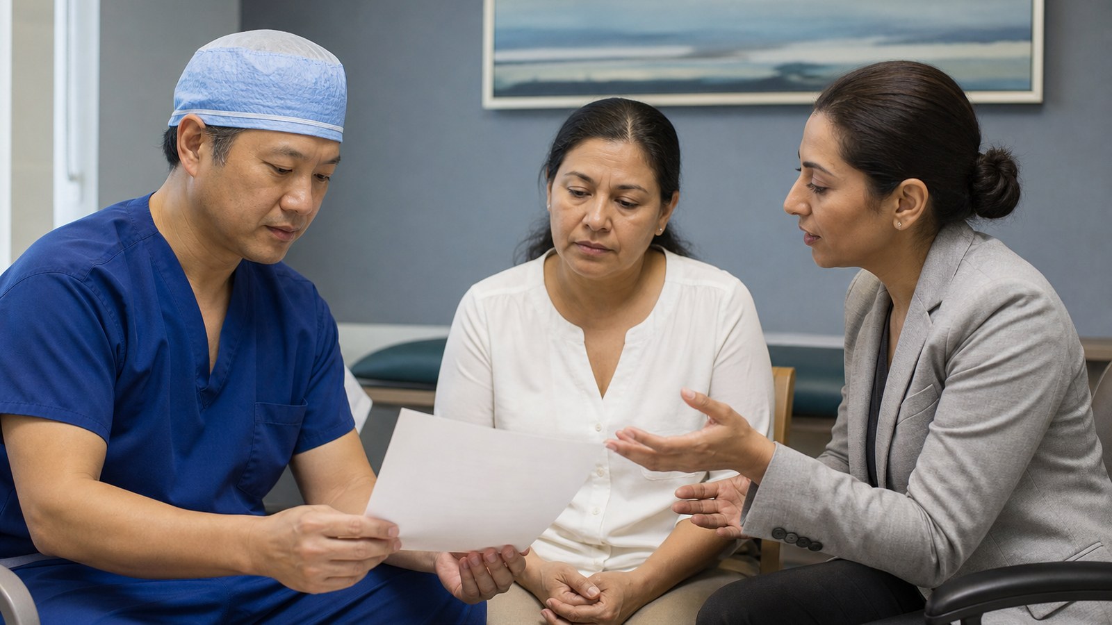 Surgeon and interpreter reviewing informed consent for an orthopedic procedure with a patient before surgery