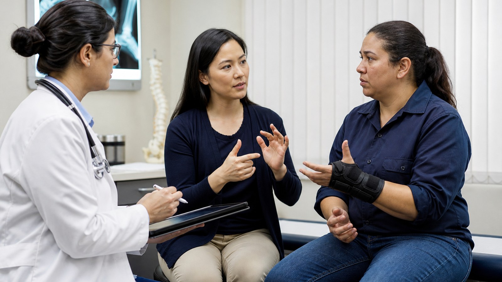 Interpreter helping an orthopedic physician document a workplace injury exam with a patient in an exam room