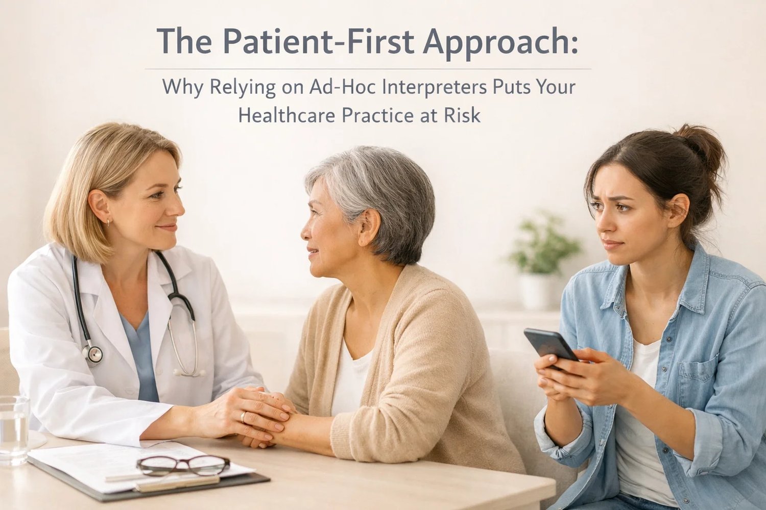 Doctor consulting patient with ad-hoc interpreter highlighting risks of inadequate medical interpretation services in healthcare