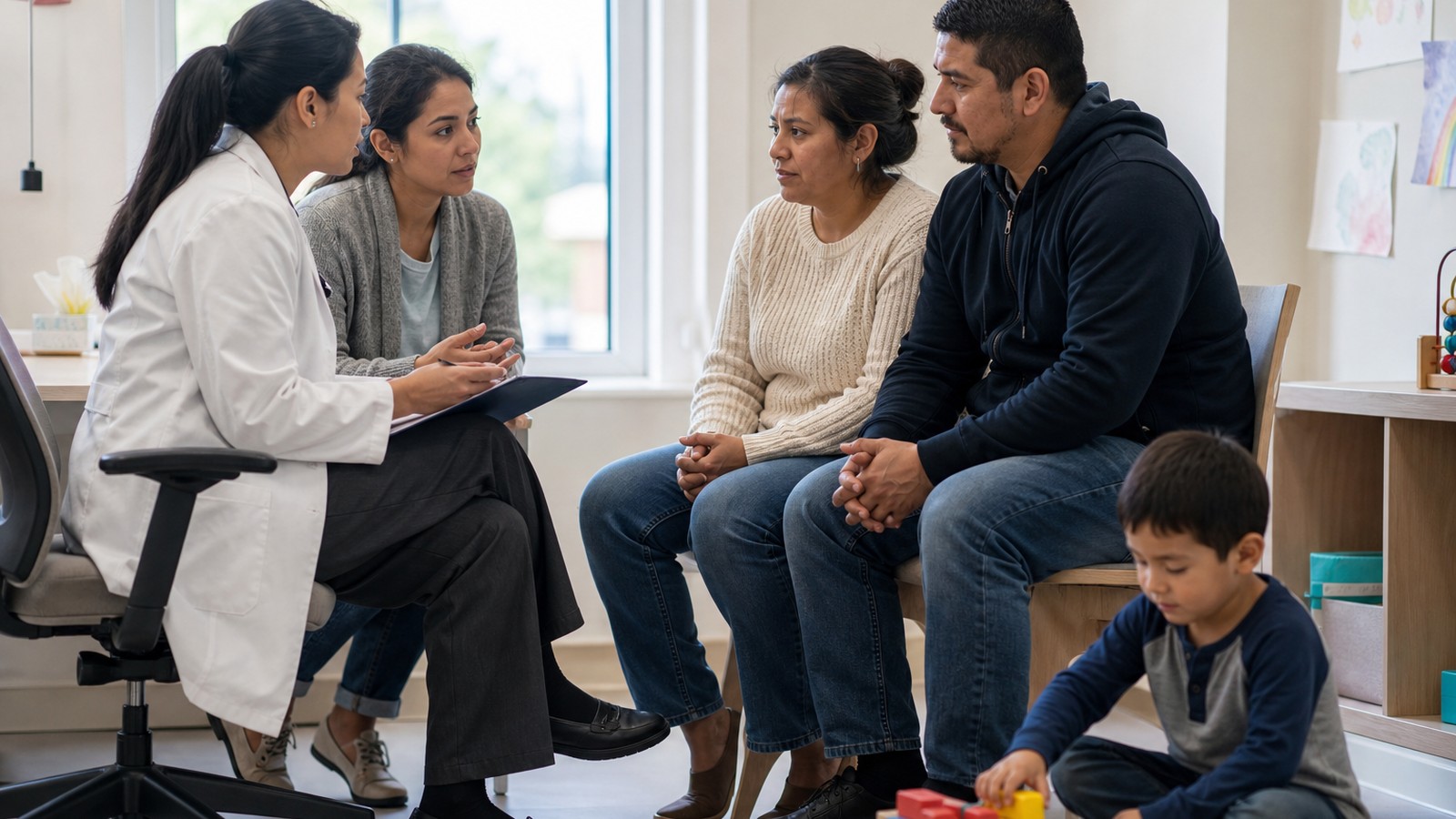 Interpreter helping a pediatrician explain developmental screening results to a mother and father while their child plays nearby