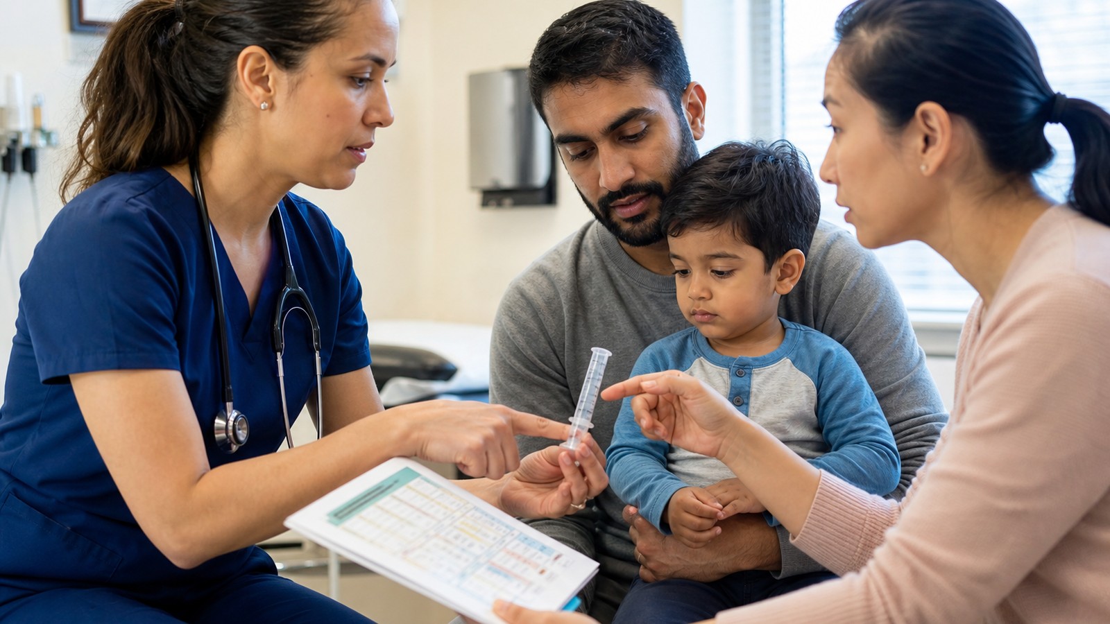 Interpreter helping a nurse explain a liquid medication dosing chart to a father holding his child during a pediatric visit