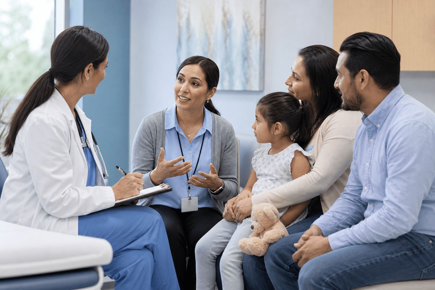 Certified pediatric medical interpreter facilitating communication between a doctor and a multilingual family at a hospital in Evansville Indiana