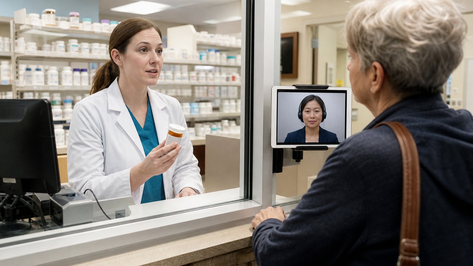 Pharmacist counseling an older patient at a hospital outpatient pharmacy window with a video remote interpreter on a tablet mounted at the counter