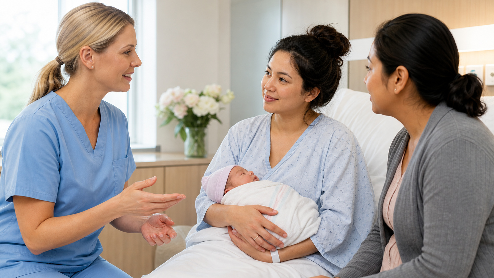 Nurse and interpreter reviewing multilingual postpartum discharge and newborn care instructions with a new parent