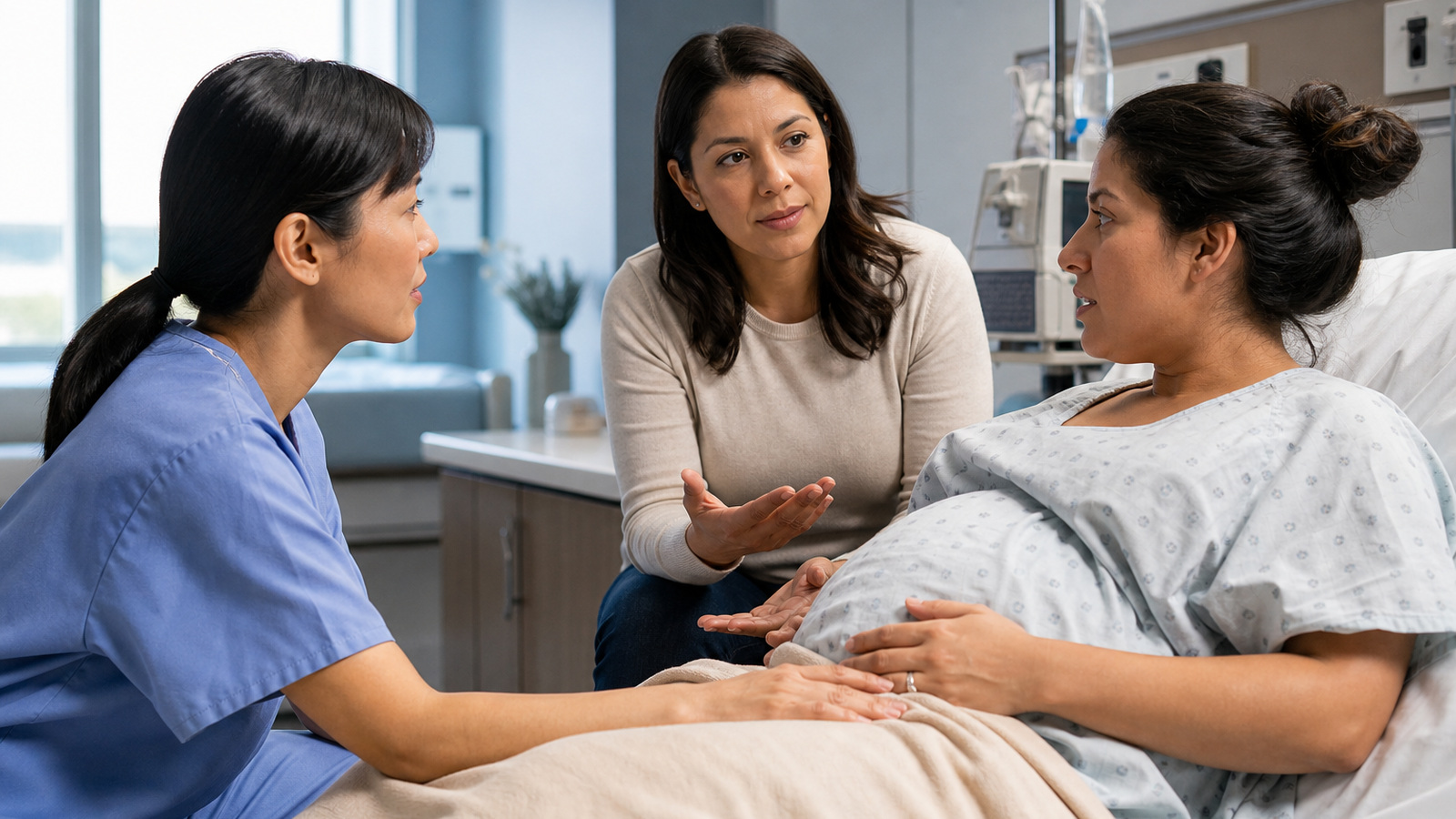 Qualified medical interpreter supporting a labor and delivery conversation between a clinician and multilingual patient