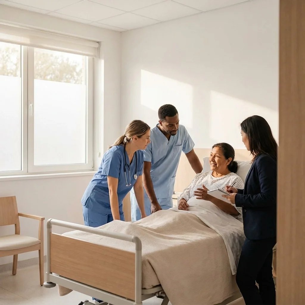 Medical professionals and a patient communicating at a hospital bedside with the support of professional interpreting services, ensuring clear understanding during healthcare appointments and medical emergencies.