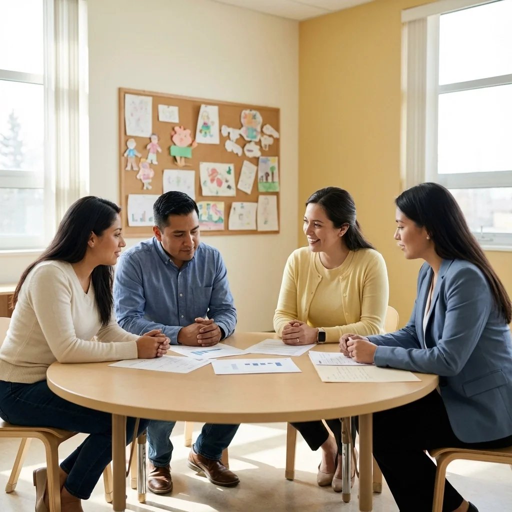 Community meeting with families and service providers discussing language support options, highlighting how to book professional interpreting services locally for clear and inclusive communication.