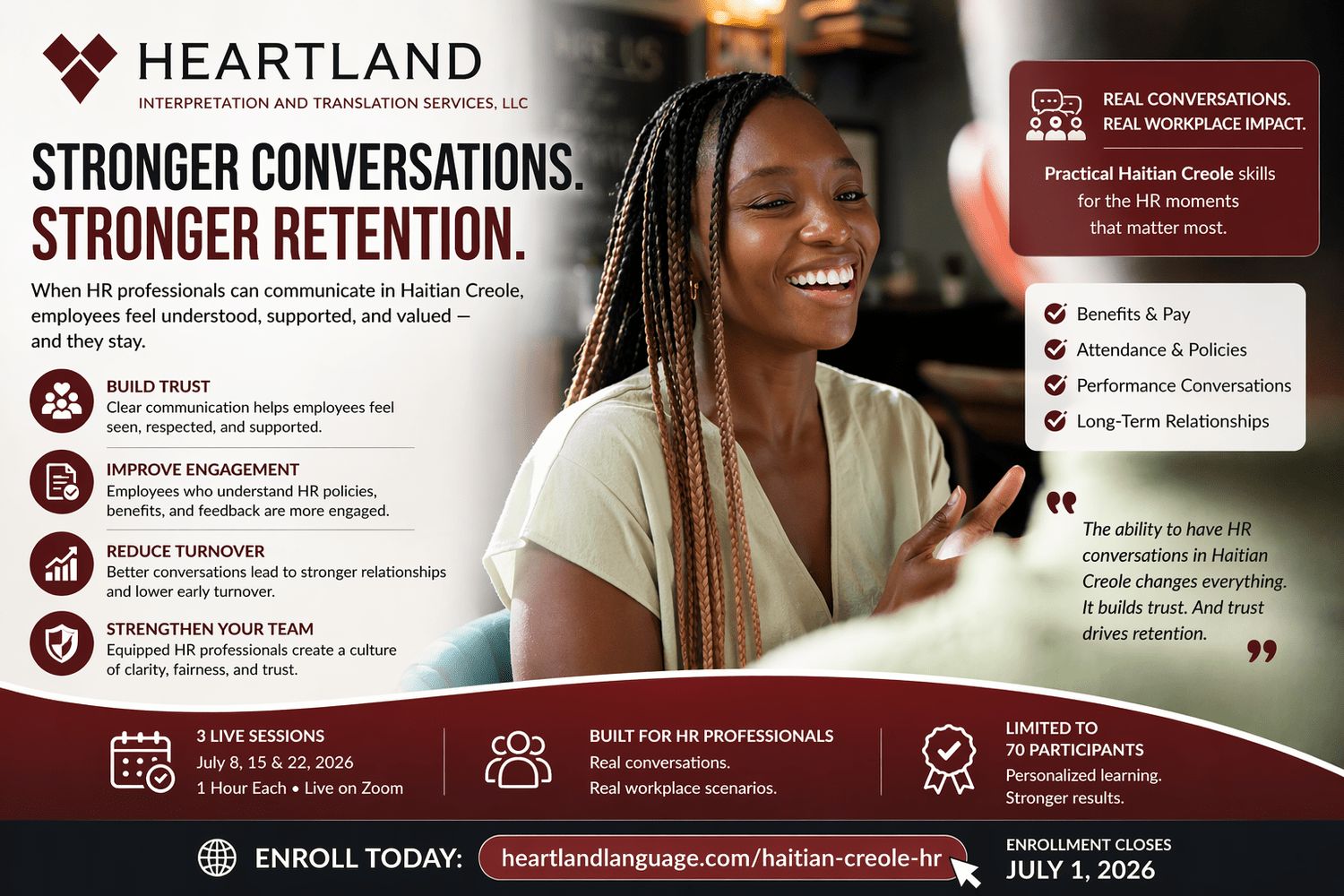 Heartland Interpretation and Translation Services course promo — retaining Haitian Creole-speaking employees through practical HR communication training.