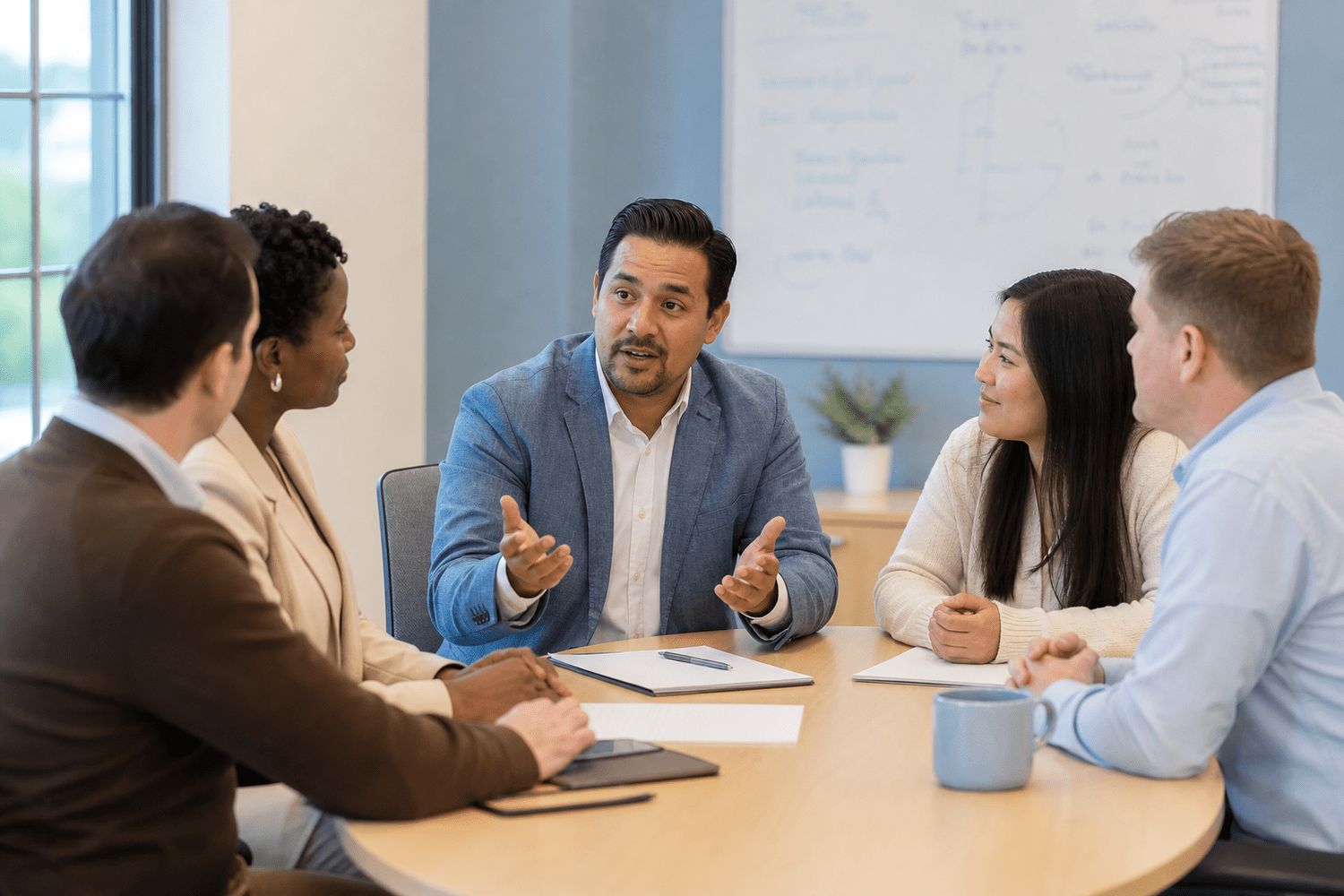 Certified Spanish interpreter consulting with a multicultural professional team in Evansville IN office