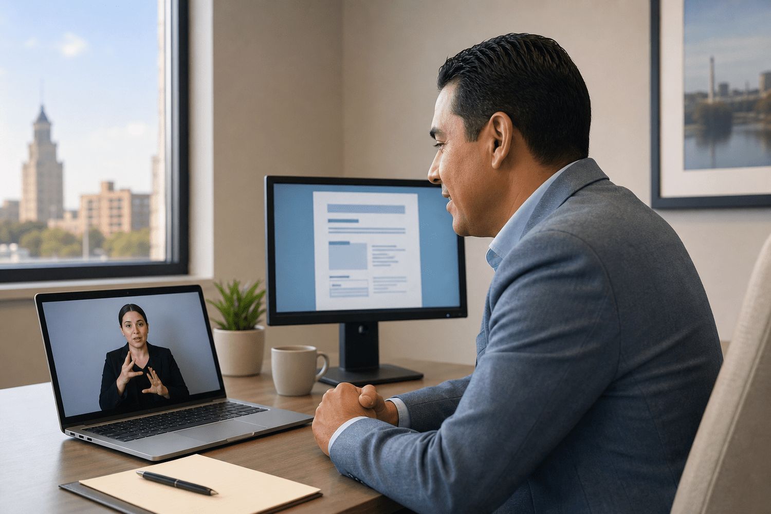 Diverse team using remote video interpretation technology in a professional Indiana office setting