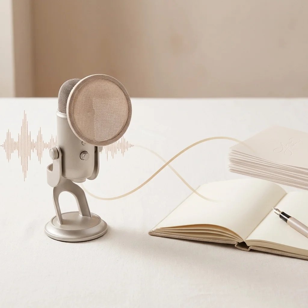 A professional studio microphone with a pop filter next to an open notebook and fountain pen, illustrating the comparison between Spoken vs. Written Language Services through a digital soundwave connecting the two.