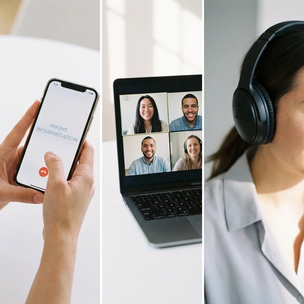 Phone and video interpretation alongside a professional interpreter with a headset, highlighting spoken vs. written language services across real-time communication channels.