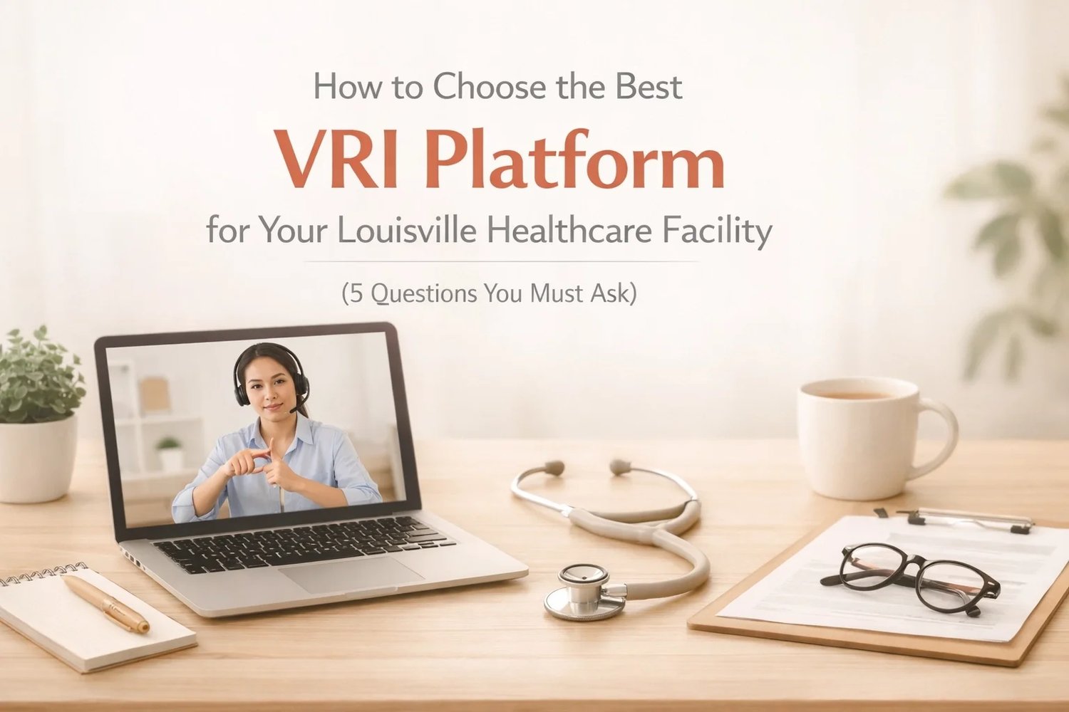 Sign language interpreter on a laptop screen next to a stethoscope and medical clipboard, representing a VRI platform for Louisville healthcare facilities.