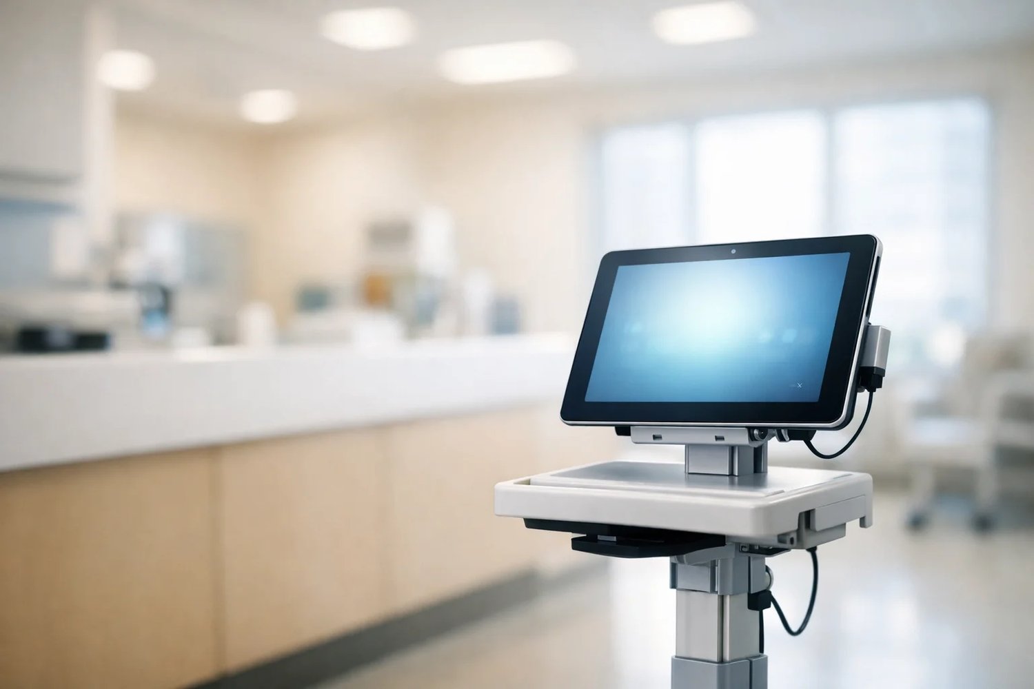 Mobile tablet on a rolling medical cart inside a hospital setting, ready to connect patients with a VRI platform in a Louisville healthcare facility.